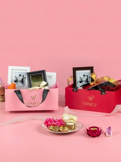 Our "Bro Bond Box" and "Rakhi Bloom Bag" side-by-side. We offer different styles and curations to suit every sibling relationship.