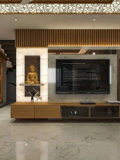 A 3D design for a TV unit in our Tumkur project. The concept uses a combination of veneers, mirrors, and other materials to create a visually rich and layered entertainment wall.