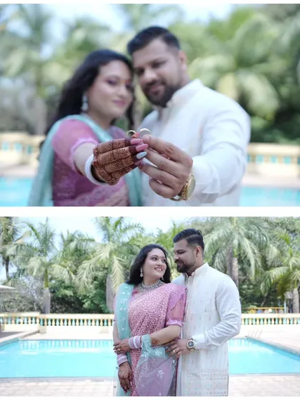 A collage showing the couple holding up their engagement rings and sharing a loving gaze. These photos perfectly capture the milestone moment of their commitment.
