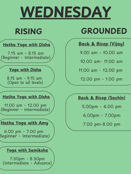 A look at our Wednesday offerings, with multiple Hatha Yoga sessions and dedicated Back & Bicep strength classes.