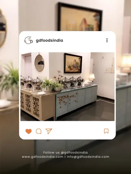 A snapshot of our elegant indoor buffet setup, as featured on our social media. The clean lines, stylish counters, and addition of green plants create a modern and sophisticated look for any private event.