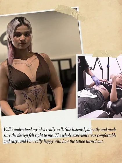 "Vidhi understood my idea really well. She listened patiently and made sure the design felt right to me." The consultation and stenciling process for a large stomach piece.