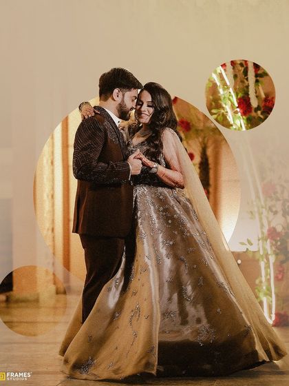 A lovely photo of a couple dancing. The groom's dark brown suit looks impeccable as they share a special moment.