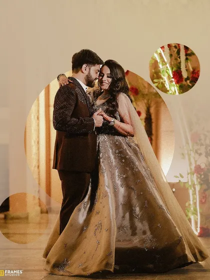 A lovely photo of the couple dancing. The groom's suit allows for comfortable movement while maintaining a sharp silhouette.