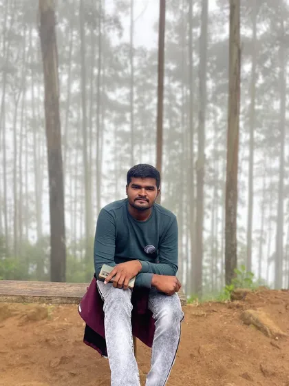 A trekker sitting on a bench in the foggy pine forest.