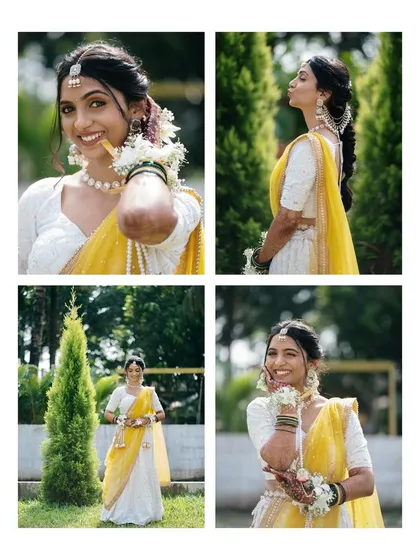 A fun and playful collage of the bride on her Haldi day. These shots capture her personality, from pouting to laughing, telling a story of her joyful celebration.