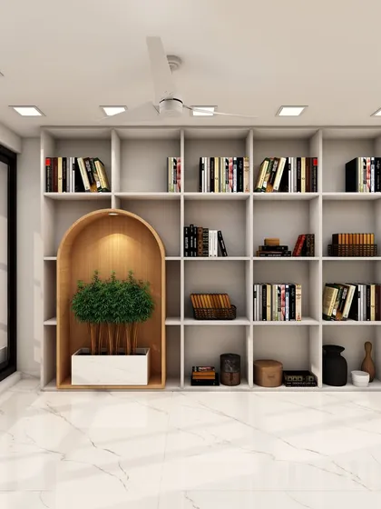 This modern library design features a large grid bookshelf with an integrated planter box, bringing a touch of nature into the reading space.