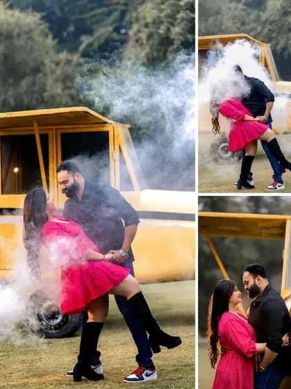 A collage of a couple's romantic and playful moments around the yellow airplane, with smoke effects adding a dynamic element. This shows the variety of shots possible with a single prop.
