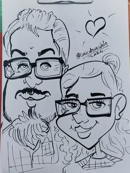 A sweet couple caricature, perfect for framing. I love how their expressions complement each other.