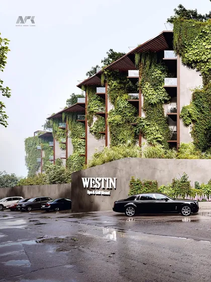The entrance to the upcoming Westin Hotel in Nashik. The design uses lush vertical gardens and natural materials to create a grand yet welcoming arrival experience that immediately connects guests with nature.