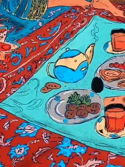 A colorful illustration detailing the food and community aspect of our workshops. We believe that sharing a meal is just as important as sharing our craft.