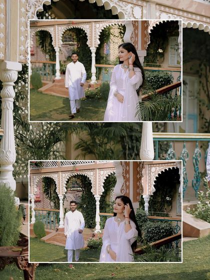 A collage showing the couple interacting in the courtyard of the venue. These shots capture the natural dynamic between them as they walk and talk.