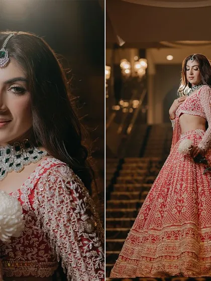 A diptych of stunning bridal portraits. One close-up shows her serene beauty, while the full-length shot on the grand staircase showcases the magnificence of her red lehenga.