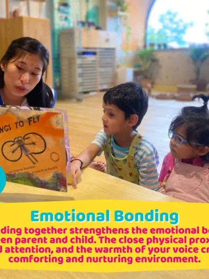 Two children listen intently as a story is read to them. The shared attention and imaginative journey strengthen their emotional connection and social skills.