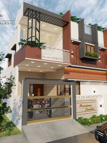 A 3D concept for Mr. Prasanna's family home on a 30x50 plot. We used an earthly color palette with brick textures and geometric patterns to create a striking, contemporary elevation that stands out.