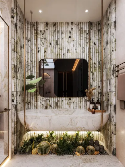 A close-up of the unique floating vanity, which is underlit to create a soft glow. The bed of cacti and succulents below is rendered with high detail, adding an unexpected natural element.