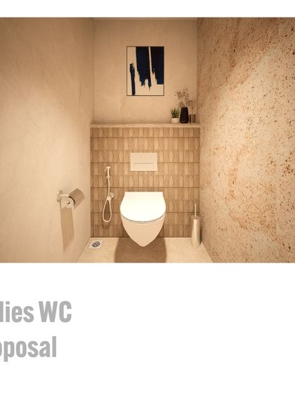 The proposal for the ladies' WC shows a sophisticated material palette. The render combines the rich texture of a colonial gold stone partition with patterned tiles and minimalist fixtures, creating a space that feels both modern and timeless.