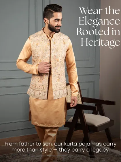 Style passed down like a story. This elegant beige kurta with a beautifully embroidered jacket shows how our garments carry a legacy.