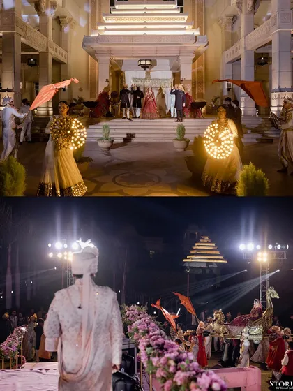 A collage showing the groom's grand baraat entrance and the traditional welcome.