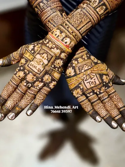 A close-up showing personalized details like the wedding date '20.02.23' and the groom's name 'Tej' elegantly incorporated into the traditional bridal mehendi.