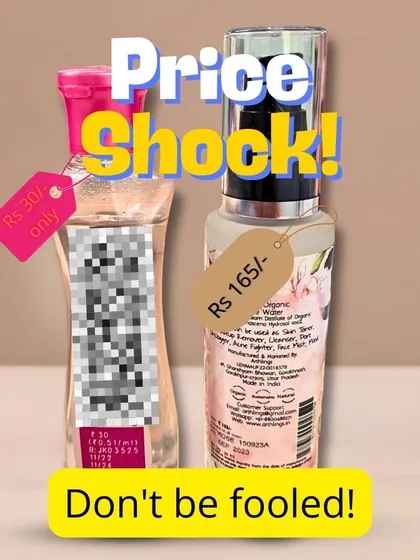 Don't be fooled by a low price tag. This image compares a cheap, chemical-filled product with our pure, natural, and multi-purpose rose water.