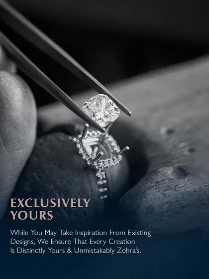 Exclusively yours. While you may take inspiration from existing designs, I ensure that every creation is distinctly yours and unmistakably Zohra's. Here, a diamond is being set into a halo ring, a step towards making a unique piece.