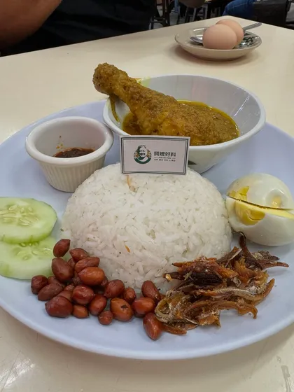 A plate of authentic Nasi Lemak, featuring coconut rice, a flavourful chicken curry, fried anchovies, peanuts, and a perfectly boiled egg. This is a staple Malaysian food that brings together so many wonderful textures and tastes.