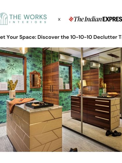 As featured in The Indian Express, this image illustrates the power of decluttering. The organized walk-in closet with its stunning green wallpaper and custom island becomes a beautiful and functional retreat, proving that good organization is key to great design.