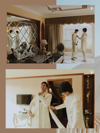 A collage of the groom getting ready in a luxurious room at Indana Palace. The images capture his joyful expressions and the opulent surroundings of his destination wedding.