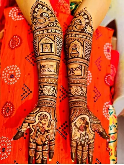 A complete bridal mehandi that combines everything: portraits of the bride and groom, traditional peacock figures, and auspicious symbols. I work with you to include personal touches that make your bridal henna unique.