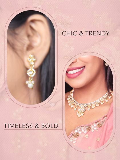 A look at our chic and timeless traditional jewellery. This collage features delicate pearl drop earrings and a beautiful kundan necklace set, perfect for pairing with a soft, elegant ethnic outfit.