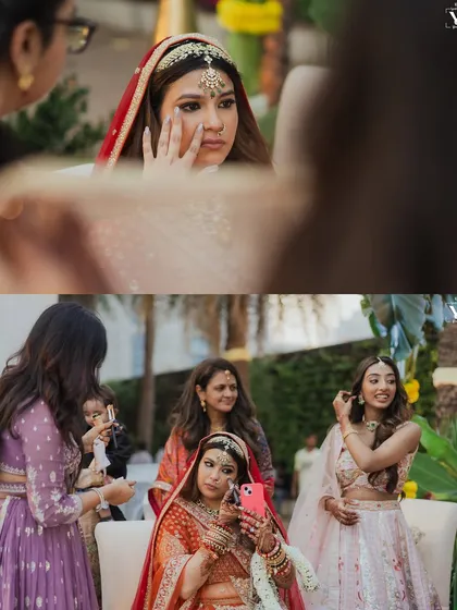 A collage of candid moments during the ceremony. The bride wipes a tear, then playfully takes a selfie, showing the beautiful range of emotions on a wedding day.