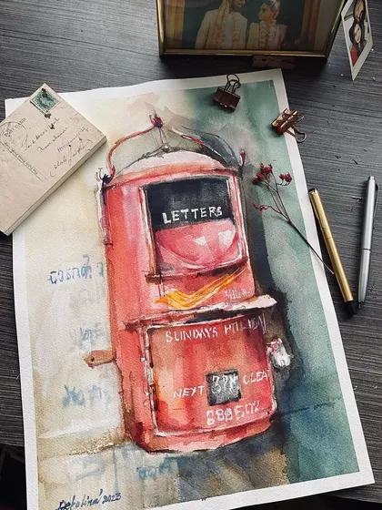 Another commissioned piece featuring the iconic red postbox. This is a subject I never get tired of painting, as it represents an era of handwritten letters and heartfelt communication.