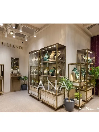 We created a luxurious and minimal exhibition space for Villandi Jewellers at Bridal Asia. The design uses an off-white palette with brass and wood accents, ensuring the intricate jewellery pieces remain the primary focus within the elegant display cases.
