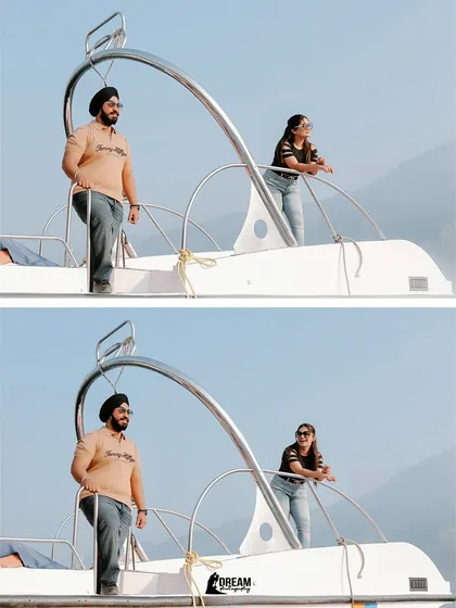 A diptych showing the couple on a boat, capturing their relaxed poses and the feeling of enjoying a sunny day on the water.