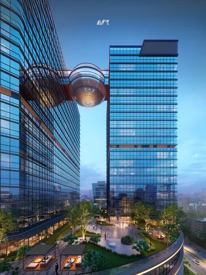 The award-winning Nakshatra Regalia II project. This view highlights the central globe structure that houses a Michelin-star restaurant, connecting the two office wings and creating a unique architectural feature.