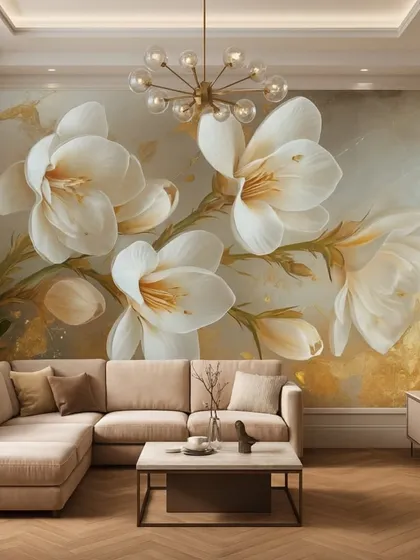 A sophisticated floral mural with large white flowers and golden accents. The design adds a touch of timeless elegance to this modern living room.
