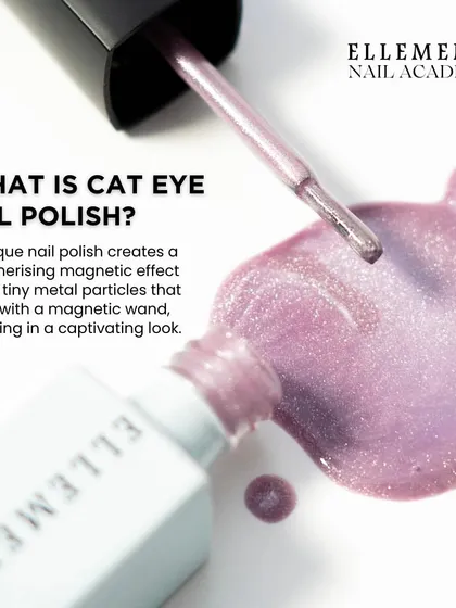 What is cat-eye gel polish? It's a unique polish that uses tiny metal particles and a magnetic wand to create a captivating, multi-dimensional look on the nails.