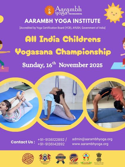 This graphic announces our All India Children's Yogasana Championship, featuring young practitioners in poses like Dhanurasana (Bow Pose) and Chakrasana (Wheel Pose). It invites all young yoga stars to showcase their talent and passion.