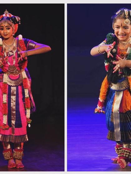 A side-by-side look at two of our talented students in their full performance attire, capturing the beauty and symmetry of Bharatanatyam.