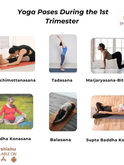 This visual guide showcases gentle yoga poses ideal for the 1st trimester. Poses like Tadasana and Balasana help you stay relaxed and connected with your body during the crucial early weeks of pregnancy.