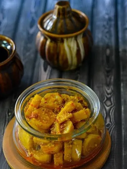 A jar of my tangy and delicious radish (mooli) pickle. It's a simple, homemade pickle that pairs wonderfully with North Indian meals.