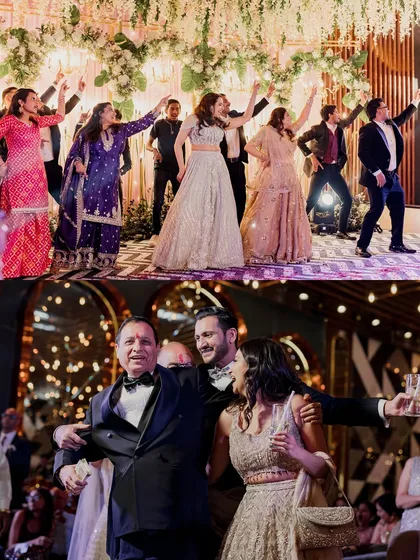 A collage of the reception party, showing the couple dancing with their friends and family, capturing the collective happiness.
