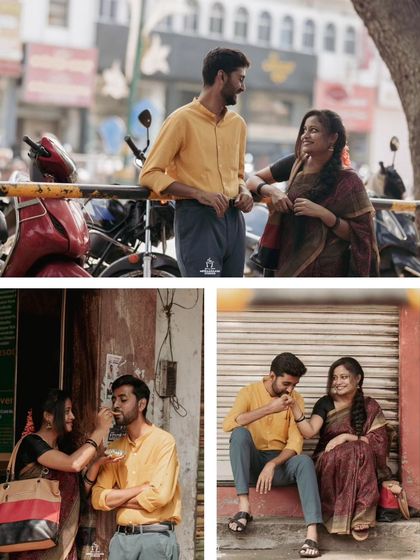 A collage of a couple's vintage-themed pre-wedding shoot, showing them sharing street food and enjoying the city.