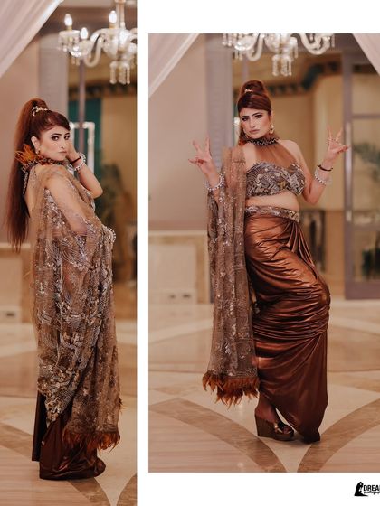 A diptych of the bride showing off her unique and fashionable outfit from different angles, highlighting her personality.