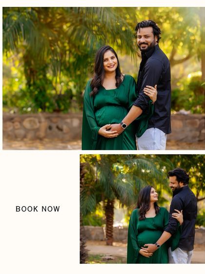 A two-photo collage featuring a couple in a lush green park, with a "BOOK NOW" call to action, perfect for social media posts.