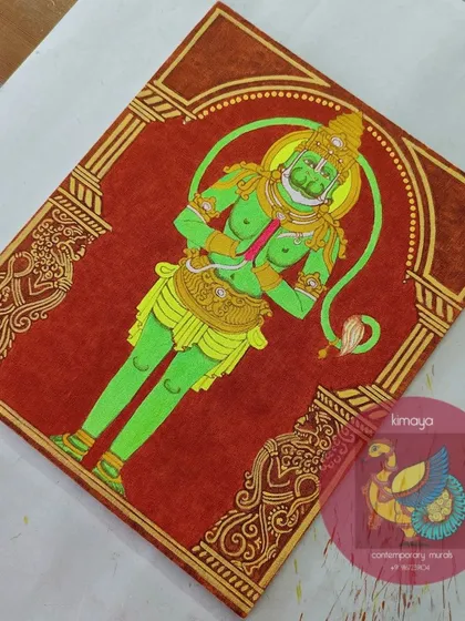 The Sankatamochana Hanuman painting, almost complete. The colors are filled in, and the piece is just waiting for the final framing.