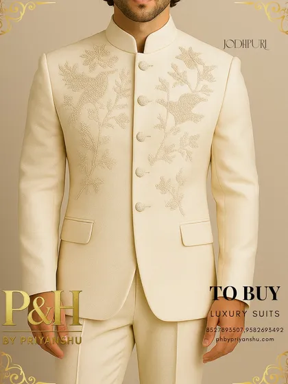 A closer view of the cream Jodhpuri, focusing on the texture of the fabric and the artistry of the tone-on-tone embroidery.