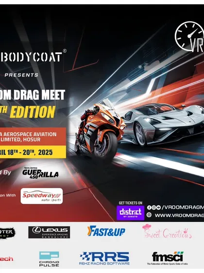 The complete brand ecosystem of Vroom Drag Meet 12th Edition on full display. This poster shows how our title sponsor, powered-by partner, and associate sponsors are integrated with a dozen other exhibitors and partners to create a massive motorsport festival.