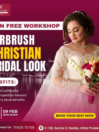 An announcement for our free workshop on creating an Airbrush Christian Bridal Look, a key skill for modern makeup artists.